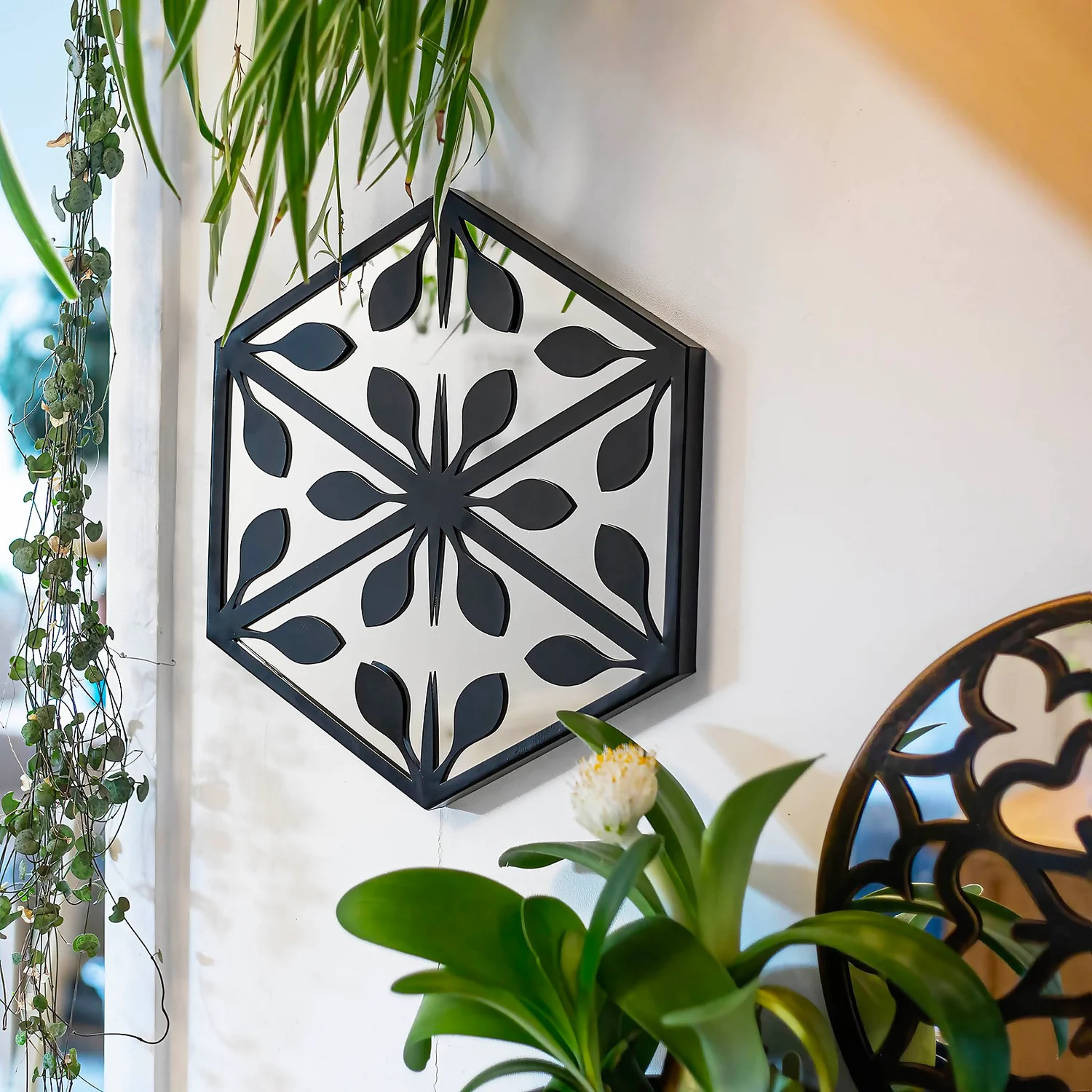Hexagonal Laser Cut Outdoor Mirror 35cm - Black 4 Hexagonal Laser Cut Outdoor Mirror 35cm - Black - Image 2